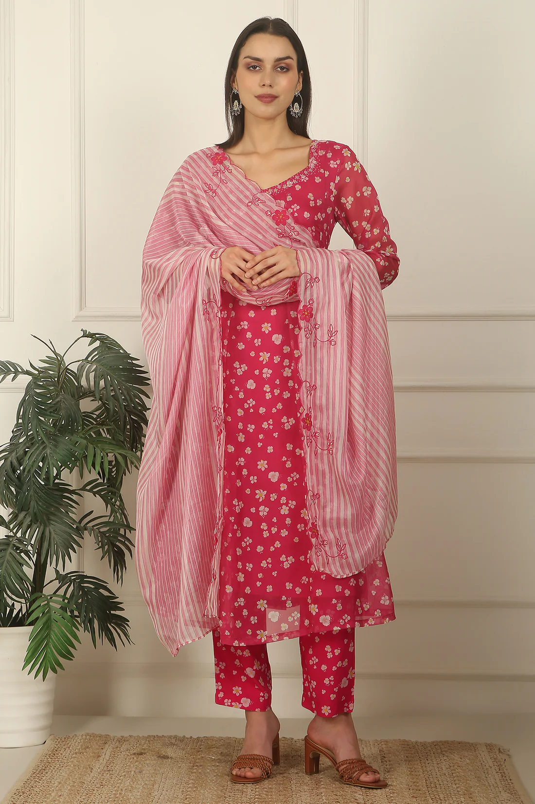Pink Floral Printed Organza Anarkali Kurta